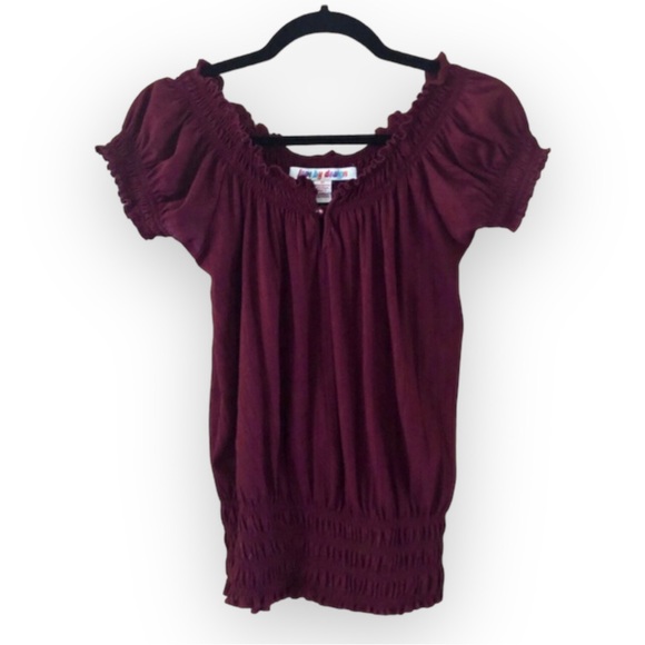 Love By Design Tops - Love by Design Maroon Gathered Keyhole Peasant Top